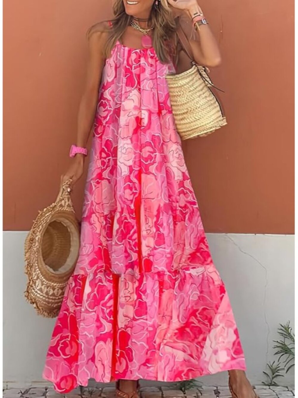 Dokotoo Women Summer Dresses Spaghetti Strap Scoop Neck Smocked Ruffle Flowy Boh